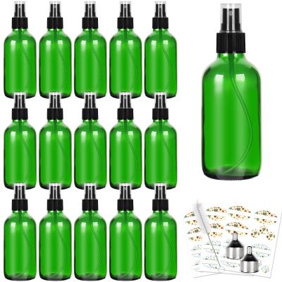 CycleMore 120ml 16 Pack 4oz Green Glass Spray Bottles with Fine Mist Sprayers, Glass Travel Bottles for Cosmetic, Essential Oils, Cleaning Solutions, Perfumes & More Liquids Ideal for Friends
