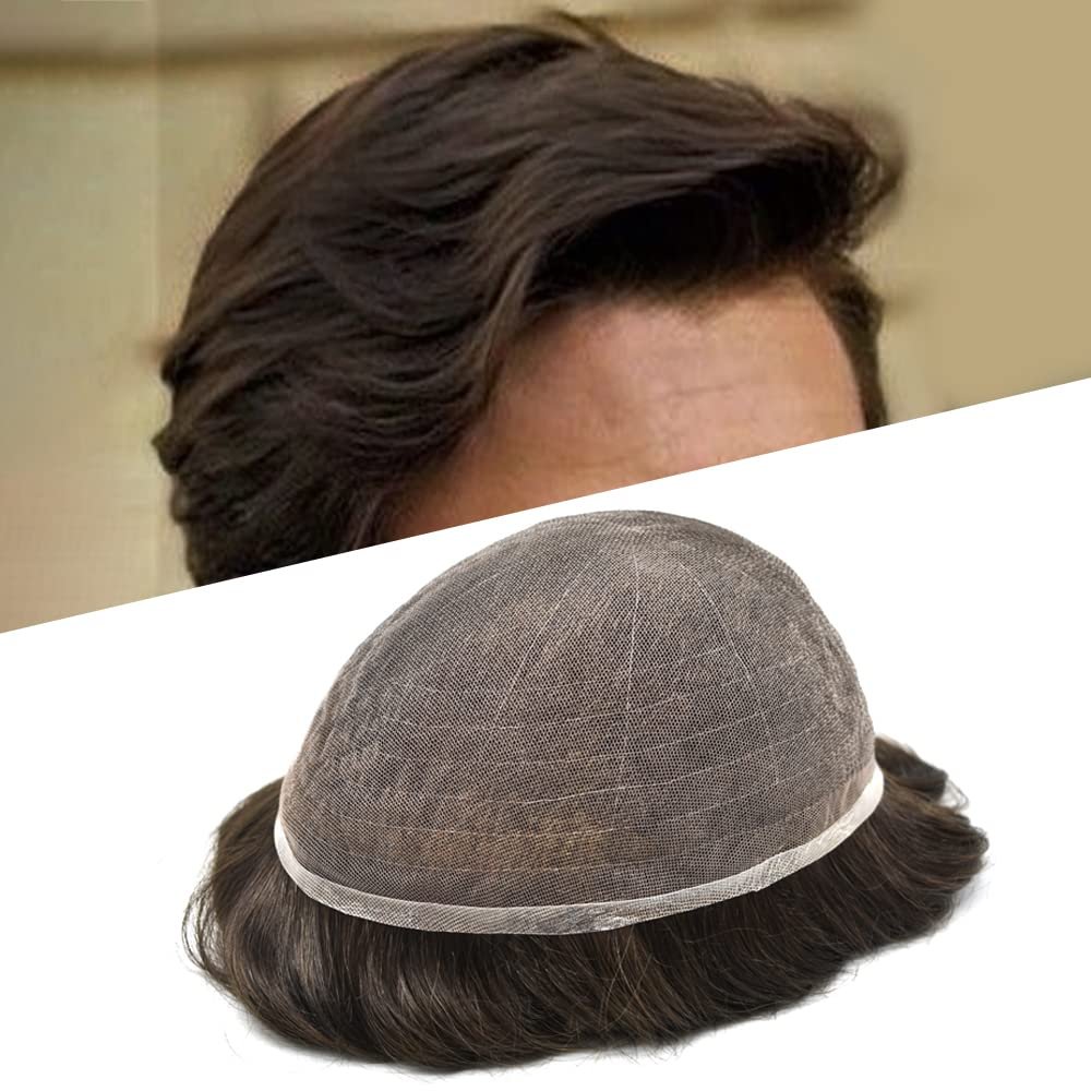 Toupee for men Hairpieces Undetectable Full Soft French Lace Men Toupee Hair System Human Hair Replacement Systems Men Hair Wig Units 8X10"-100% density#220 Darkest Brown with 20% Gray