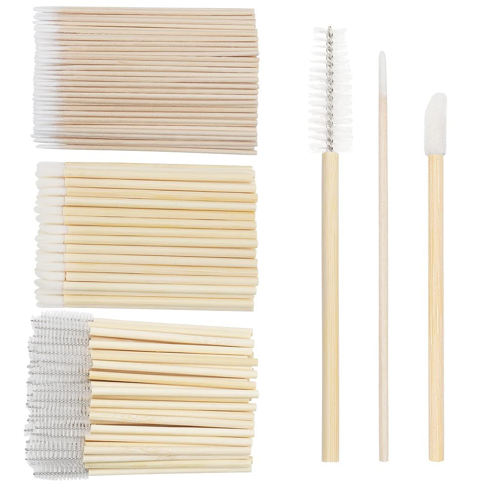 300 PCS/Sets Eyelash Extension Supplies 200pcs Disposable Pointed Micro Swab 50pcs Eyebrow Spoolie Brush 50pcs Lip Wand Brush Mascara Wand Applicator Eyelashes Tool (Bamboo kits)