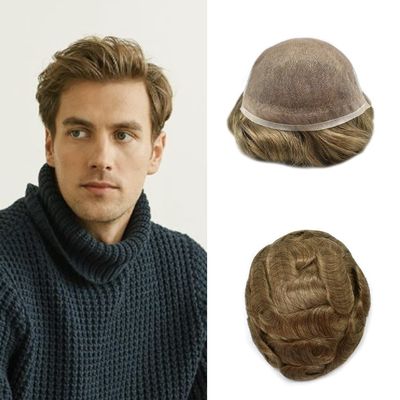 Hair Wonders Men's Toupee Remy Human Hair Piece Men Lace Toupee For Men Bleached Knot Hair Replacement System Man Hairpieces Toupee 8x10 100% Light Medium Density #17 Dark Ash Blonde