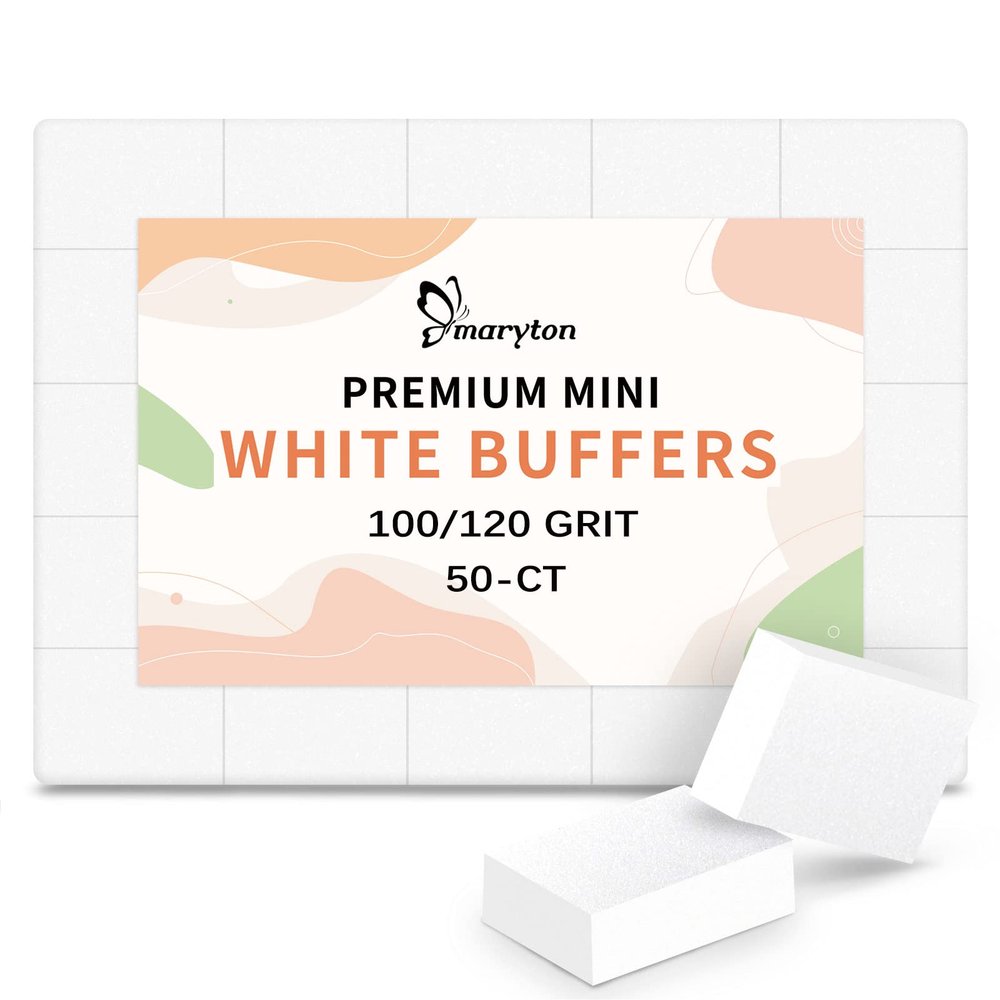 Maryton Mini Nail Buffer Blocks - 100/120 Grit Professional Salon White Buffers - Buff Nails Prior to Application of Gel Polish, Acrylic, 50 Count