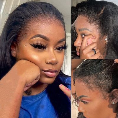 Kinky Straight Edges Curly Baby Hair Wig Invisible Lace Front Human Hair Wig Staight Yaki 13x6 HD Transparent Lace Front Wig Pre Plucked Natural Hairline 150% Density Brazilian Remy Hair 16inch