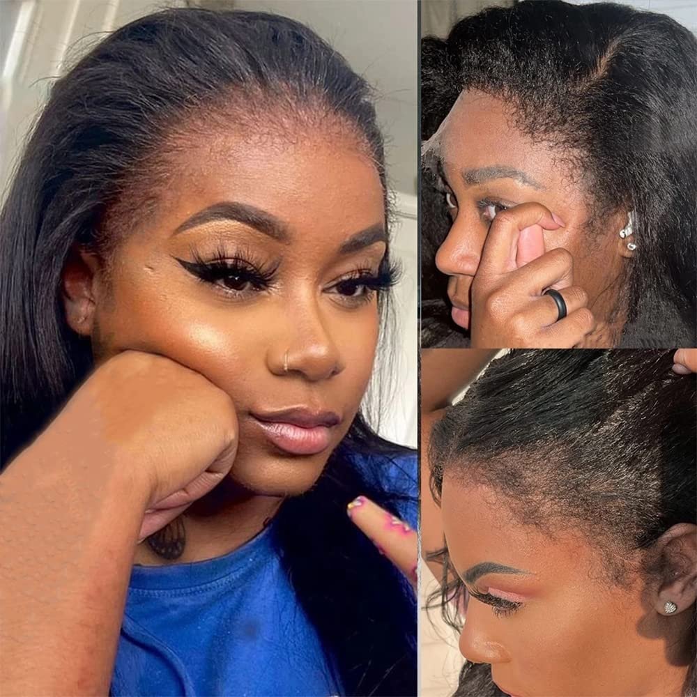 Kinky Straight Edges Curly Baby Hair Wig Invisible Lace Front Human Hair Wig Staight Yaki 13x6 HD Transparent Lace Front Wig Pre Plucked Natural Hairline 150% Density Brazilian Remy Hair 16inch