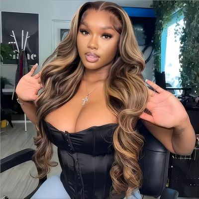 ISEE Wear and Go Glueless Wig HD Lace Front Wigs Human Hair Body Wave Wigs for Black Women 4/27 Honey Blonde Ombre Highlight Glueless Wigs Human Hair Pre Plucked (18 Inch,180% Density)