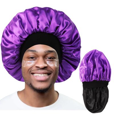 Bonnet for Men,Hair Bonnet for Sleeping,Double Layer Satin Bonnets for Black Women Curly Hair Braids,Reversible Sleep Cap (Large,Black/Purple)