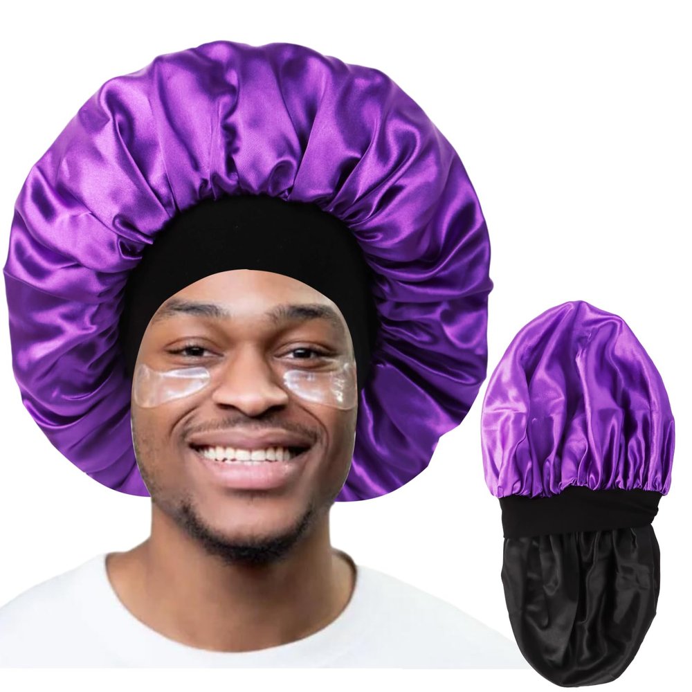 Bonnet for Men,Hair Bonnet for Sleeping,Double Layer Satin Bonnets for Black Women Curly Hair Braids,Reversible Sleep Cap (Large,Black/Purple)