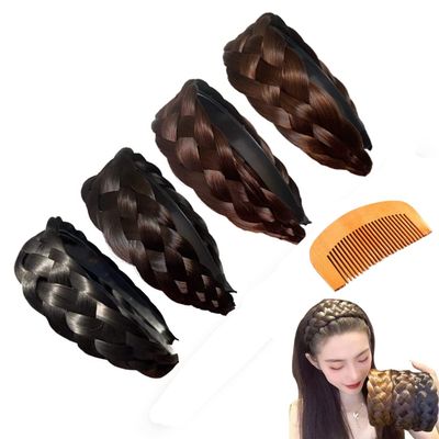 4 Pcs Korean Style Wig Braid Headband, Wig Hair Band, 5 Strands Wide Synthetic Hair Braided Headband, Wig Hair Bands for Women'S Hair Non Slip (4 Color with Combs)