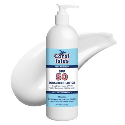 Coral Isles Sunscreen SPF 50 | Hawaii Compliant as Reef Safe | Octinoxate & Oxybenzone Free | Broad Spectrum UVA/UVB Protection | Water Resistant 80 Min. | Fragrance Free | 16 Fl Oz (Pack of 1))