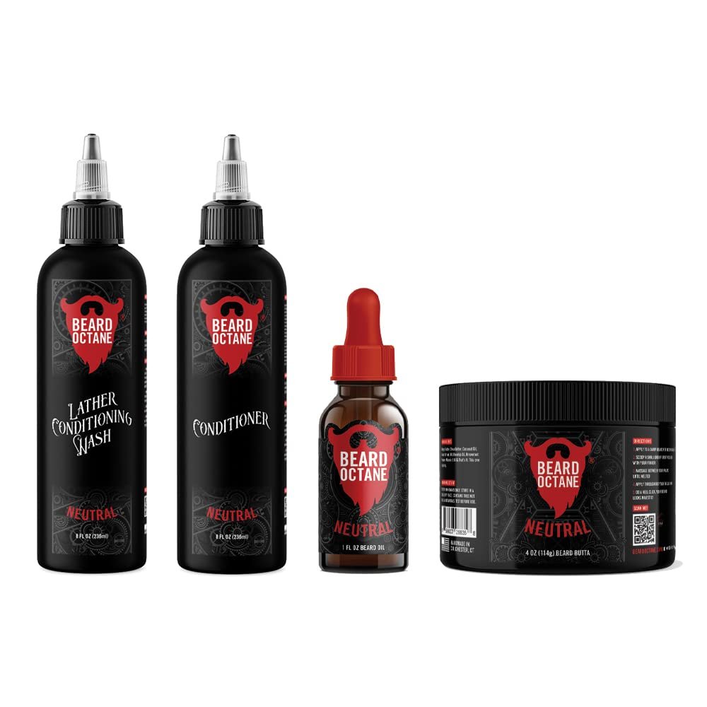 Octane Total Grooming Kit - Beard Wash, Conditioner, Oil and Butter - Premium All Natural Beard Care with Jojoba (Unscented)