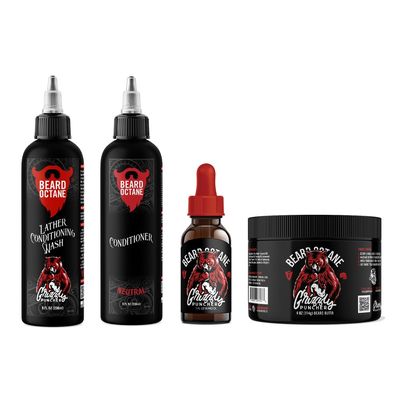 Beard Octane Total Beard Grooming Kit - Wash, Conditioner, Oil & Butter - Natural Beard Care with Jojoba (Grizzly Puncher - Teakwood, Oakmoss & Bergamot)