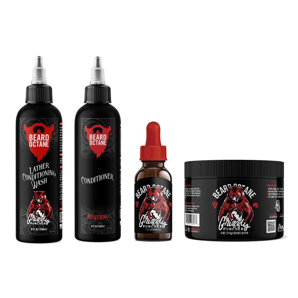 Beard Octane Total Beard Grooming Kit - Wash, Conditioner, Oil & Butter - Natural Beard Care with Jojoba (Grizzly Puncher - Teakwood, Oakmoss & Bergamot)