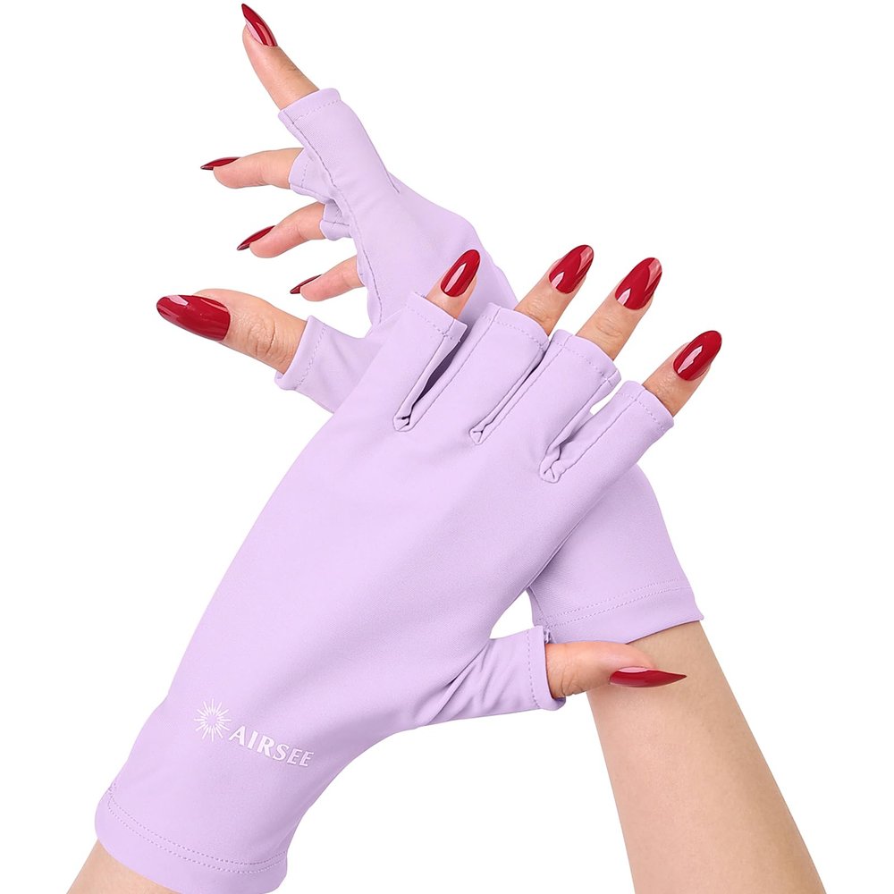 AIRSEE Premium UPF 50+ UV Protection Gloves for Gel Manicures - Fingerless Design for Professional Solon & Home Use, Anti UVA/UVB, Breathable Cool Tech Gloves for UV Lamp & Sun Protection (Purple)
