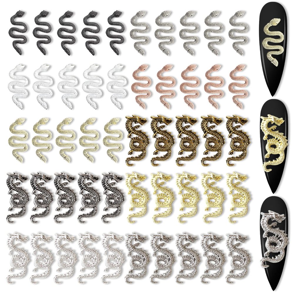 SILPECWEE 50pcs 3D Snake and Dragon Nail Charms, 3D Nail Art Charms Alloy Nail Jewels Two-Headed Nail Snake Charms for Nails DIY Nail Decorations Salon Accessories