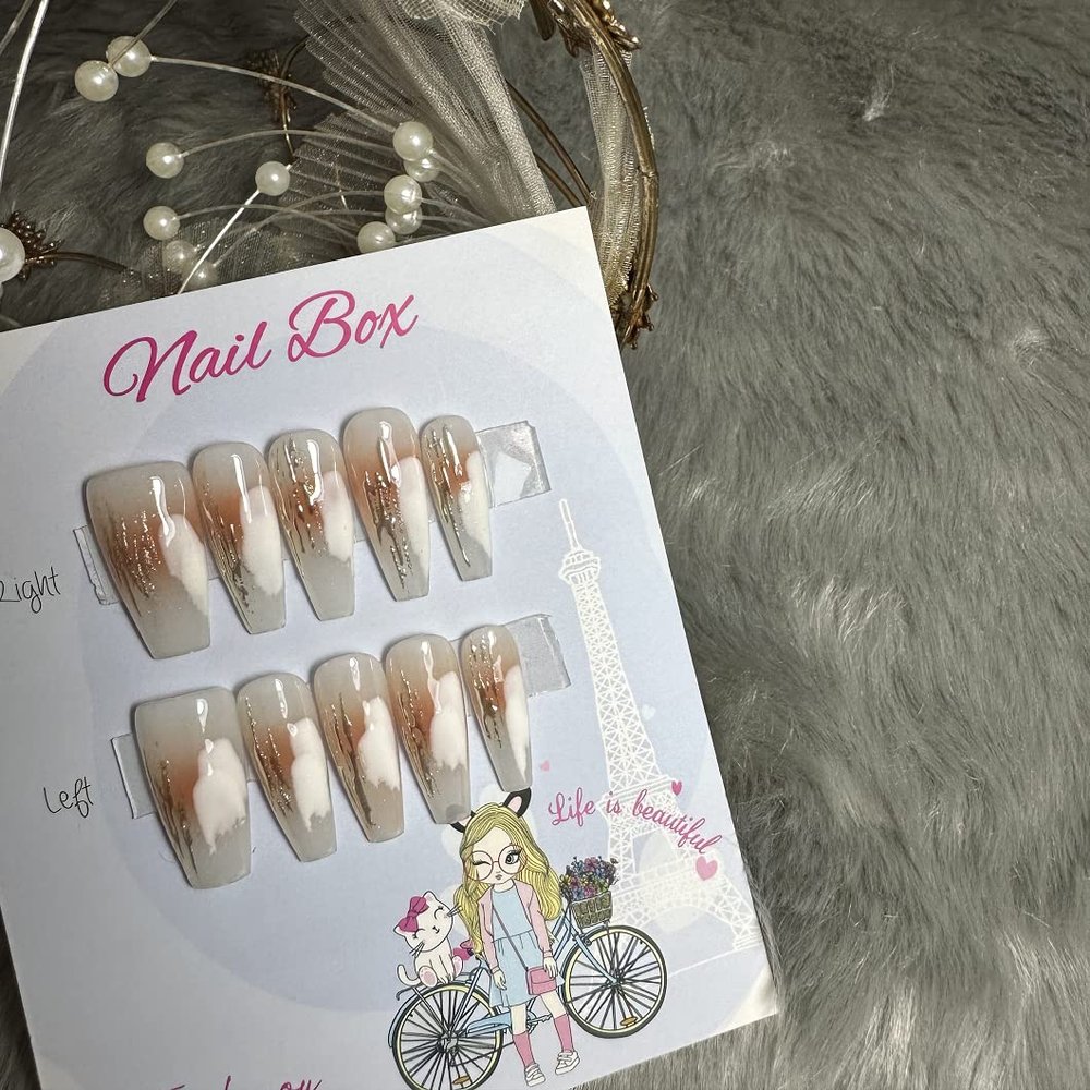 XAHA Beauty Nails Vietnamese Handmade Press On Nail Short/Medium/Long Length Almond/Stiletto/Coffin/Square/Oval Fake Nails 3D Design Art Charms Cute with Storage Box 10 Pcs (#6)