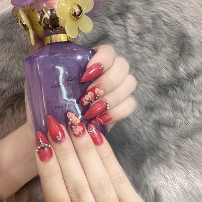 XAHA Beauty Nails Vietnamese Handmade Press On Nail Short/Medium/Long Length Almond/Stiletto/Coffin/Square/Oval Fake Nails 3D Design Art Charms Cute with Storage Box 10 Pcs (#4)
