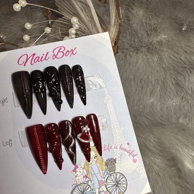 XAHA Beauty Nails Vietnamese Handmade Press On Nail Short/Medium/Long Length Almond/Stiletto/Coffin/Square/Oval Fake Nails 3D Design Art Charms Cute with Storage Box 10 Pcs (#8)