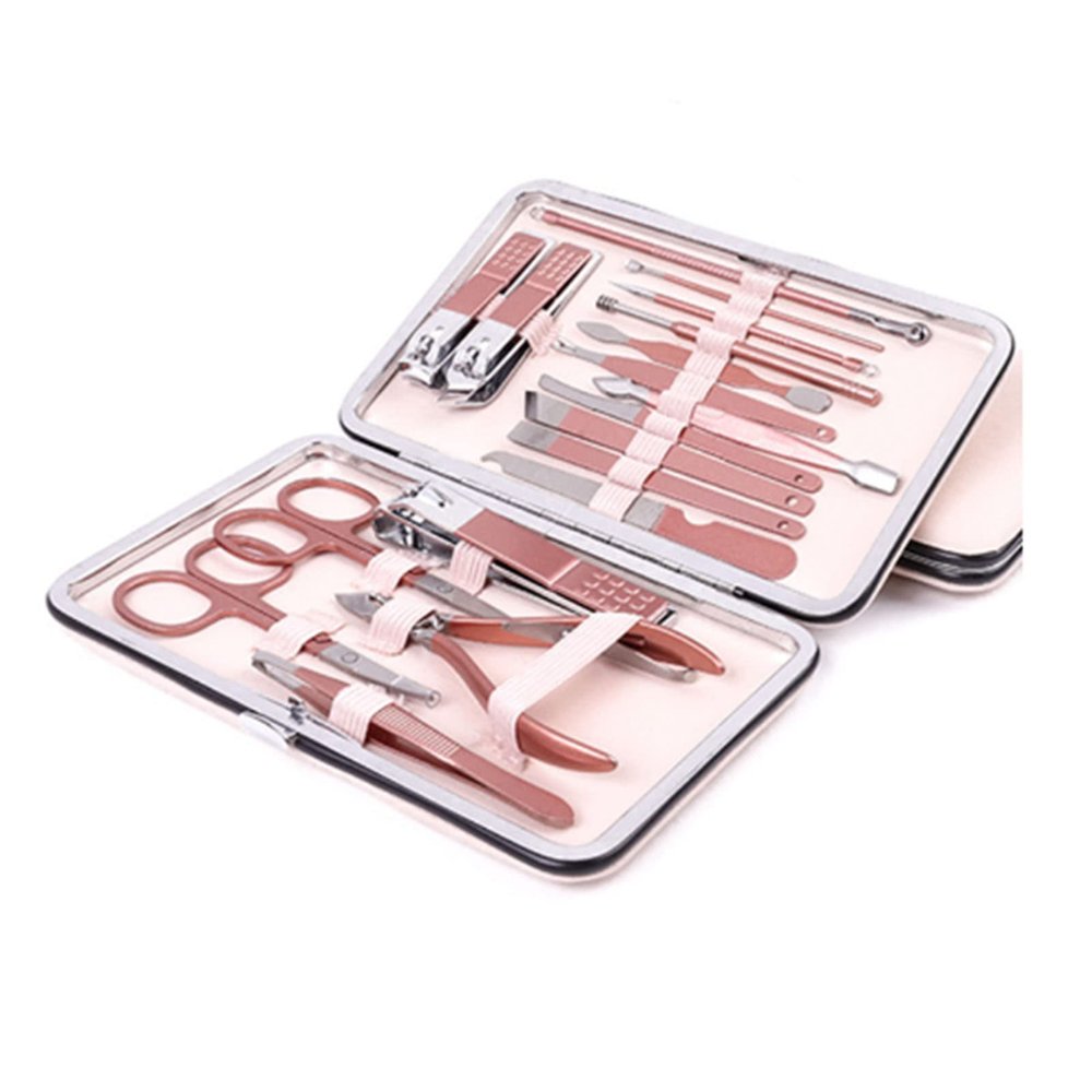 Nail Clippers and Beauty Tool Portable Set,Rose Gold Stainless Steel Manicure Set 18 in 1, Pedicure Tools with Leather Bag for Home,Gift Giving, Beauty Salon