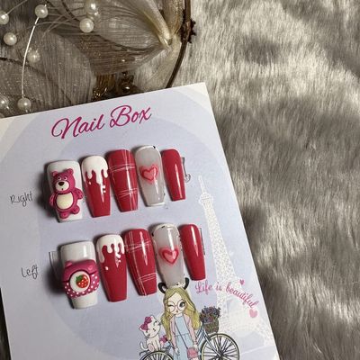 XAHA Beauty Nails Vietnamese Handmade Press On Nail Short/Medium/Long Length Almond/Stiletto/Coffin/Square/Oval Fake Nails 3D Design Art Charms Cute with Storage Box 10 Pcs (#5)