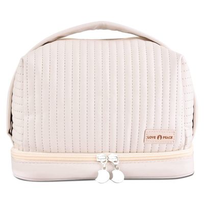 MKG Double Layer Cream Toast Make up Bag, Large Capacity PU Leather Cosmetic Bag, Makeup Organizer Bag, Portable Toiletry Travel Bag Beige