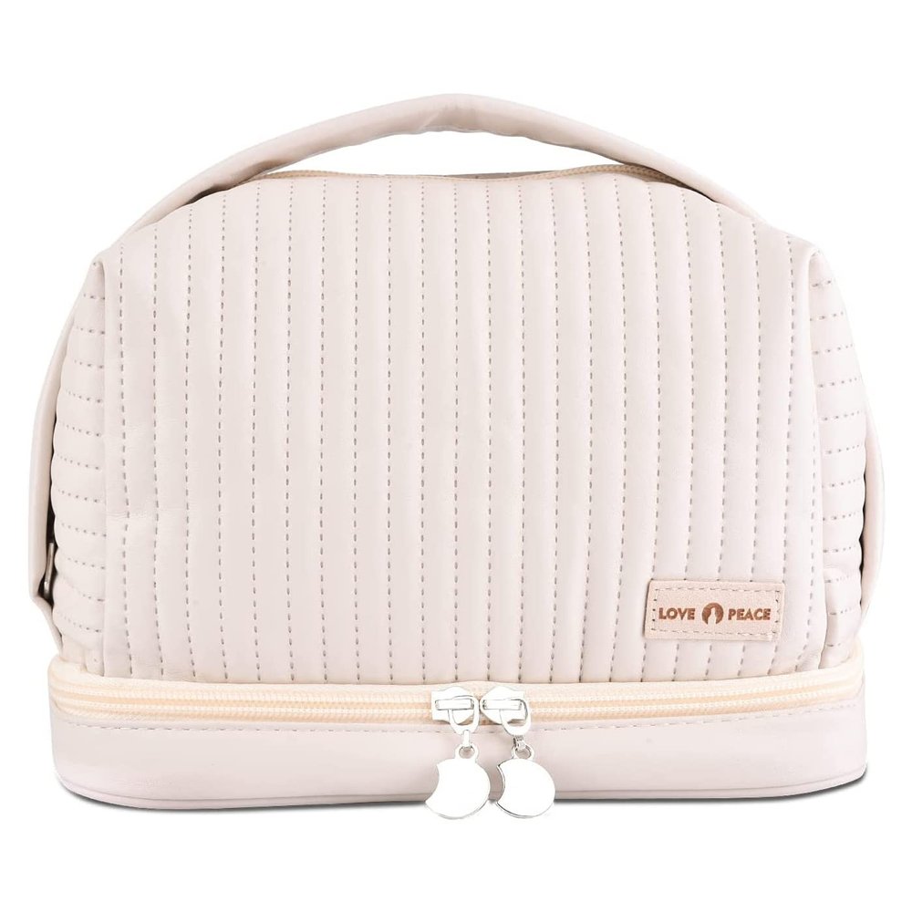 MKG Double Layer Cream Toast Make up Bag, Large Capacity PU Leather Cosmetic Bag, Makeup Organizer Bag, Portable Toiletry Travel Bag Beige