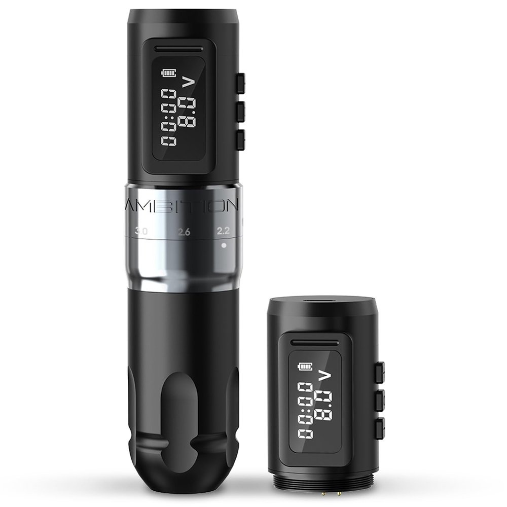 Ambition MARS-U Wireless Tattoo Machine with Adjustable Stroke - Rotary Cartridge Tattoo Machine Pen with Extra 1800mAh Power Coreless Motor Digital LED Display for Professional Tattoo Artist