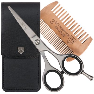 3 Swords Germany  professional BEARD MUSTACHE HAIR SCISSORS with BEARD COMB, stainless steel, straight blade, sharp, with black case