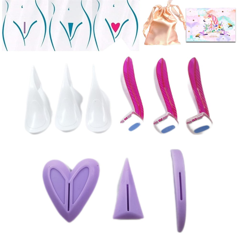 Munyee Hua Intimate Pube Hair Trimmer Set for Women with 3 Shapes, 3 Handy Razors, a Silk Storage Bag - Easy Operate Bikini Grooming Tool,Pubic Care Removal Scissors Accessories (Three Shaped Set)