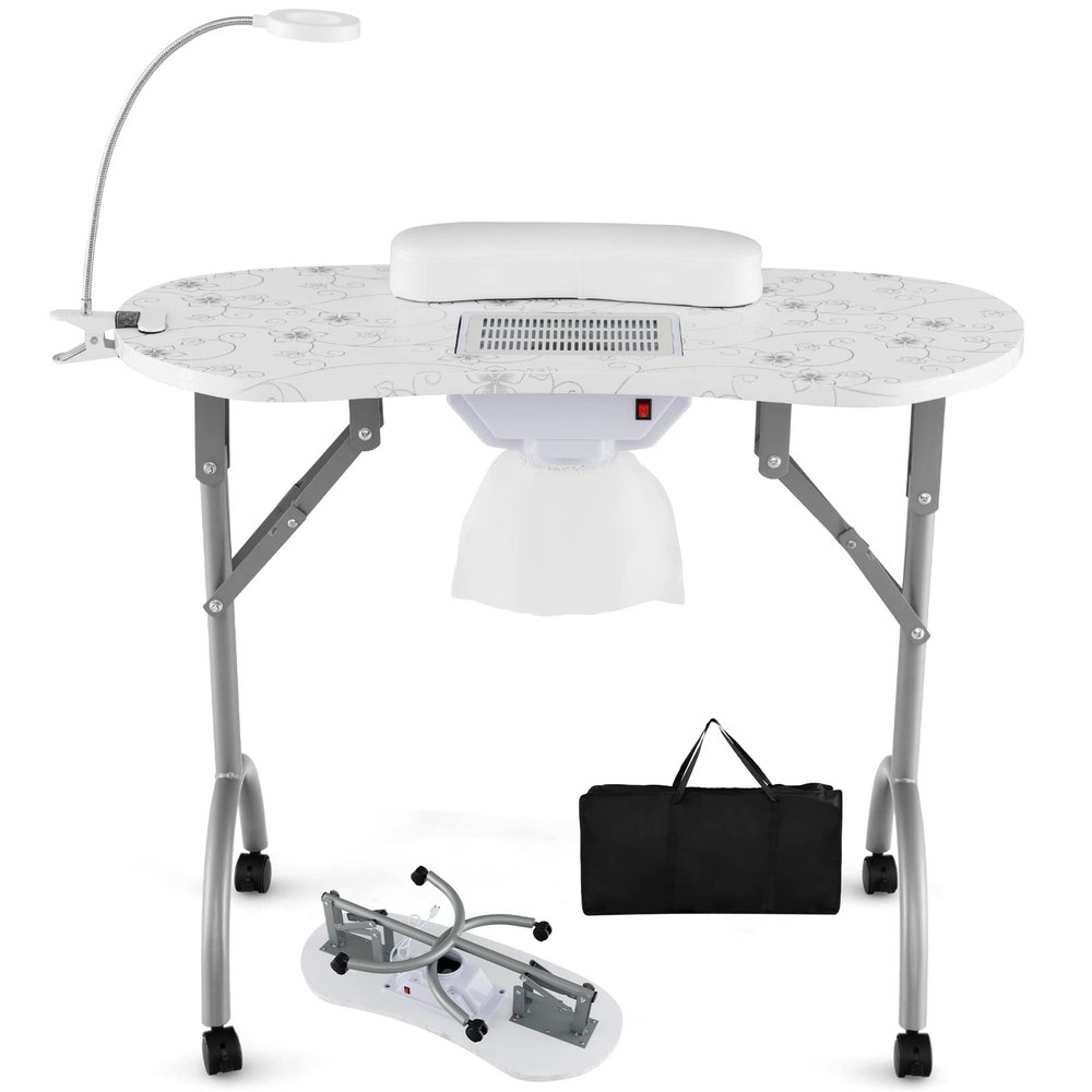 S AFSTAR Portable Nail Table, 35" Foldable Manicure Table with Electric Dust Collector, Bendable LED Lamp, Carry Bag & 4 Lockable Wheels, Professional Nail Desk Nails Salon Station (White)