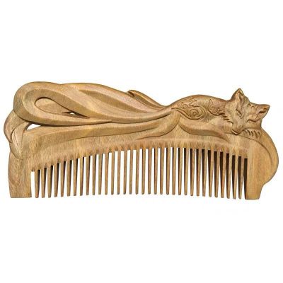 Green Sandalwood Craft Comb Natural Wood Hand-Carved Hair Fox Valentine's Gift Massage Combs Vintage Hair Brush Styling Tools,1,18 Size