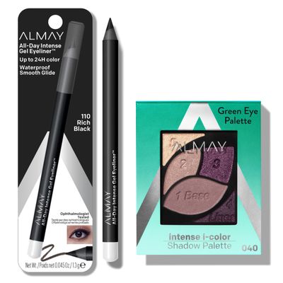 Bundle of Eyeshadow Palette by Almay, Longlasting Eye Makeup, Hypoallergenic, 040 Green Eyes, 0.1 Oz + Gel Eyeliner by Almay, Waterproof, Easy-to-Sharpen Liner Pencil, 110 Rich Black, 0.028 Oz
