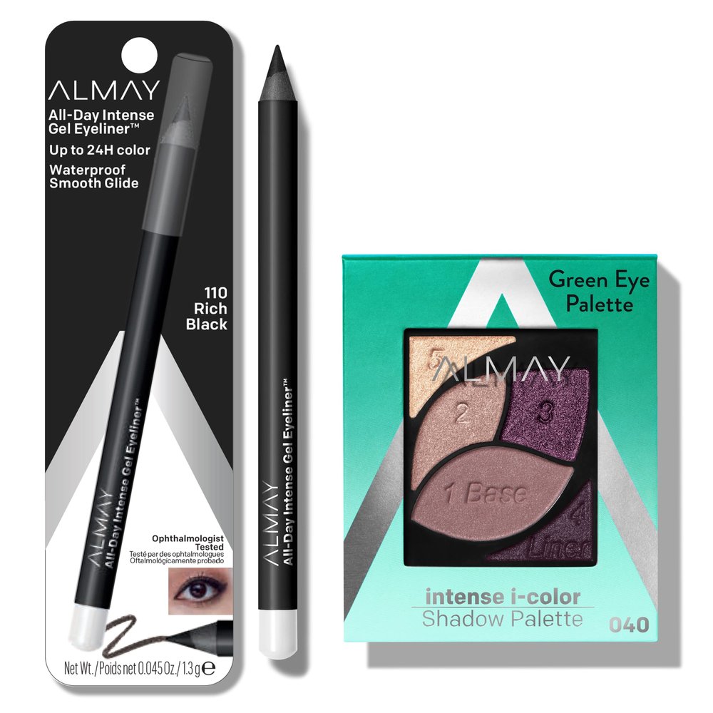 Bundle of Eyeshadow Palette by Almay, Longlasting Eye Makeup, Hypoallergenic, 040 Green Eyes, 0.1 Oz + Gel Eyeliner by Almay, Waterproof, Easy-to-Sharpen Liner Pencil, 110 Rich Black, 0.028 Oz