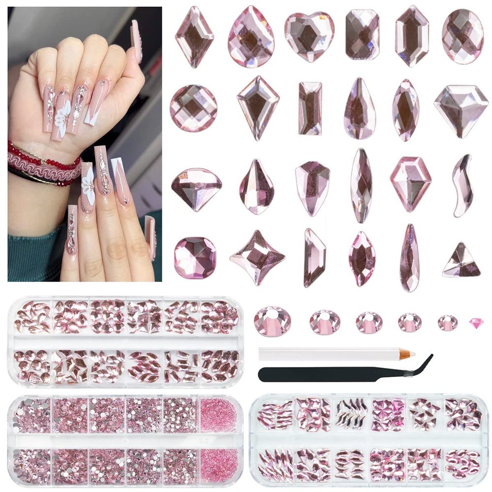 qiipii 3 Boxes Light Pink Nail Rhinestones 240 Multi-Shapes Flatback Big Gems Round Beads K9 Glass Stones Diamonds Jewels Nail Art Charms for Nails Face Eyes Makeup DIY Crafts Tumblers Bottles Clothes