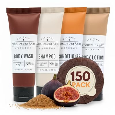 WOODBURY & CO Travel Size Shampoo and Conditioner Supplies For Guests,Airbnb Essentials for Hosts,Mini Shampoo And Conditioner Sets,Hotel Toiletries,Air Bnb Kit For Bathroom Body Wash Lotion,(150 Pcs)