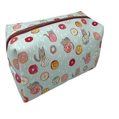 Travel Pouch Cosmetic Makeup Bag - Raining Cat kitten & donuts sprinkles Trip Case Portable for Toiletry Travel Bag | Aqua Color | 9x4x4 inches
