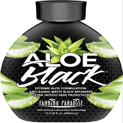 Tanning Paradise Aloe Black Lotion  Anti-Aging Matte Black Bronzer, Anti-Orange, Tattoo & Color Fade Protection, Deep Hydration, Matte Blackest Bronzer, Aloe Vera 13.5 oz