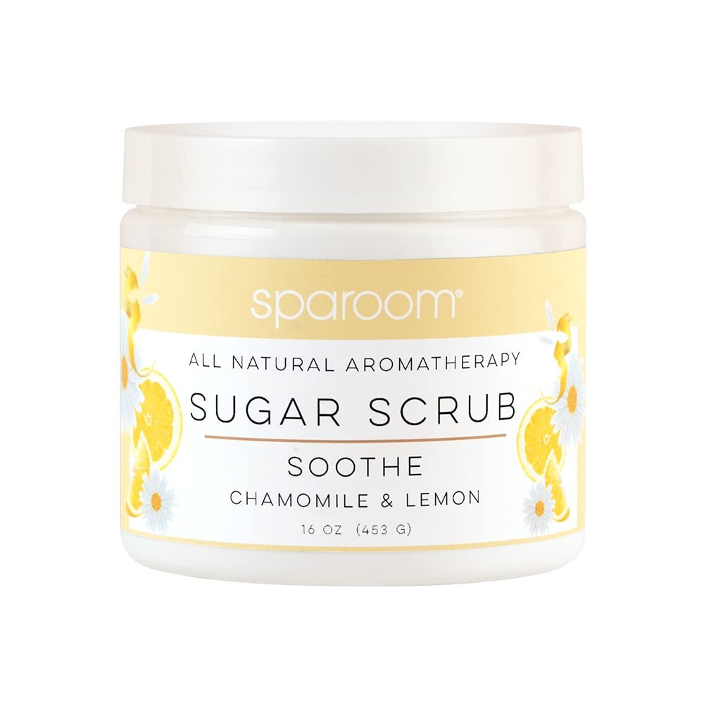 SpaRoom All Natural Aromatherapy Shea Butter and Raw Sugar Hydrating and Exfoliating Body Scrub, 16 oz, Soothe- Chamomile and Lemon Essential Oils