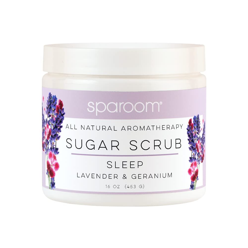 SpaRoom All Natural Aromatherapy Shea Butter and Raw Sugar Hydrating and Exfoliating Body Scrub, 16 oz, Sleep- Lavender and Geranium Essential Oils