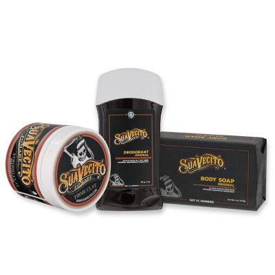 Suavecito Pomade Signature Scent Essentials Bundle: Clay Hair Styling Pomade, Aluminum Free Deodorant, Moisturizing Body Soap