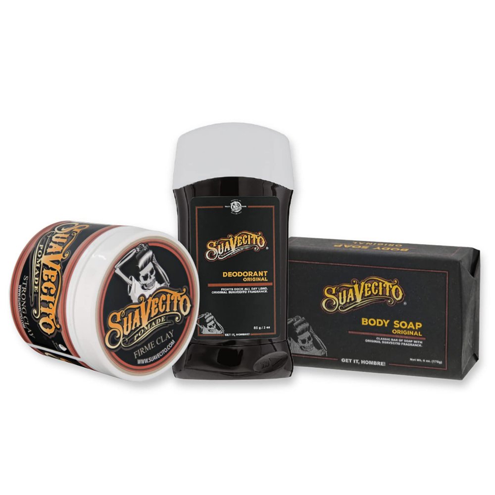 Suavecito Pomade Signature Scent Essentials Bundle: Clay Hair Styling Pomade, Aluminum Free Deodorant, Moisturizing Body Soap