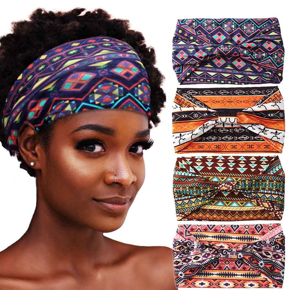 Aceorna African Headbands Boho Knotted Hairbands Stretch Wide Head Wraps Elastic Yoga Turban Hair Scarfs Workout Printed Hair Accessories for Women Pack of 4 (Style E)