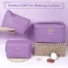 MAANGE Travel Makeup Bag - Large Makeup Bag with 2pcs Small Makeup Bag Portable Leather Cosmetic Bag Toiletry Bag Make Up Bags for Women and Girls (Purple) view 2
