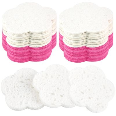 100-Count Compressed Natural Cleansing Sponges - Cute Flower Shape Exfoliating Sponges for Cleansing - Reusable, Best Makeup Gift - White+Pink