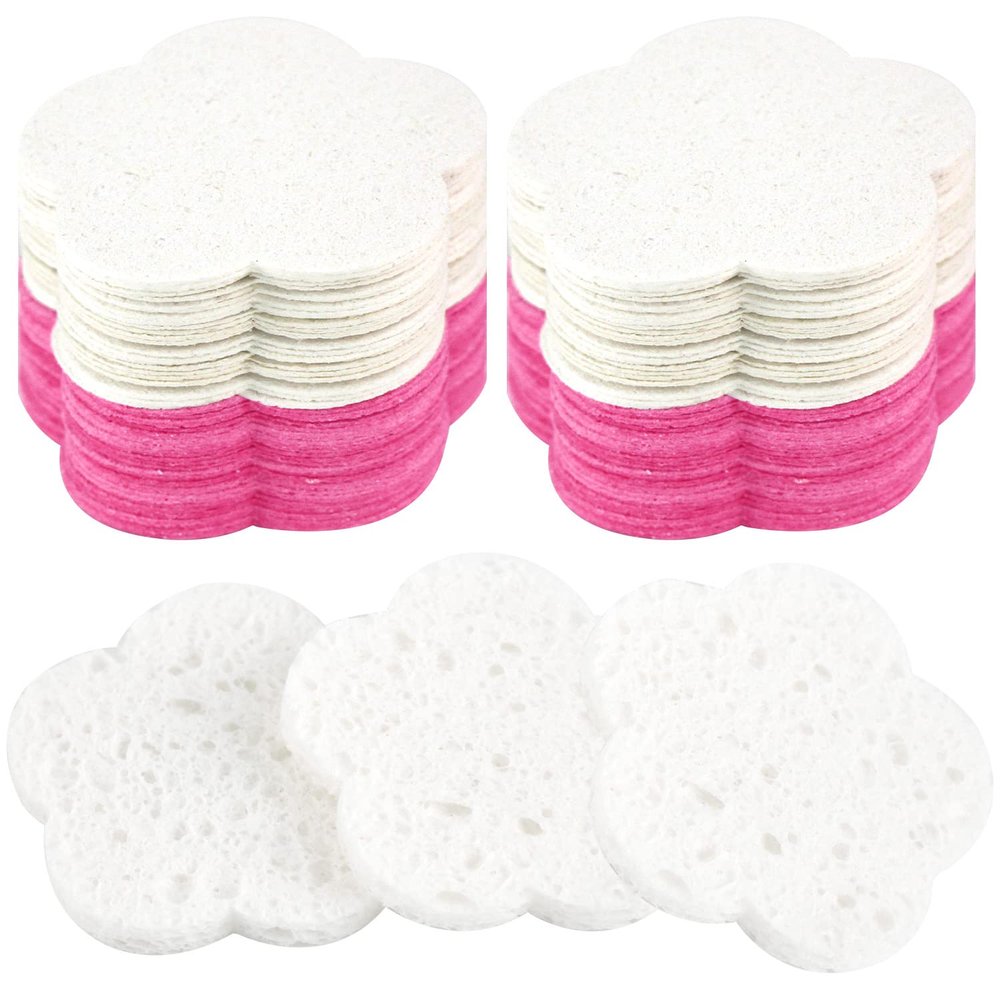100-Count Compressed Natural Cleansing Sponges - Cute Flower Shape Exfoliating Sponges for Cleansing - Reusable, Best Makeup Gift - White+Pink
