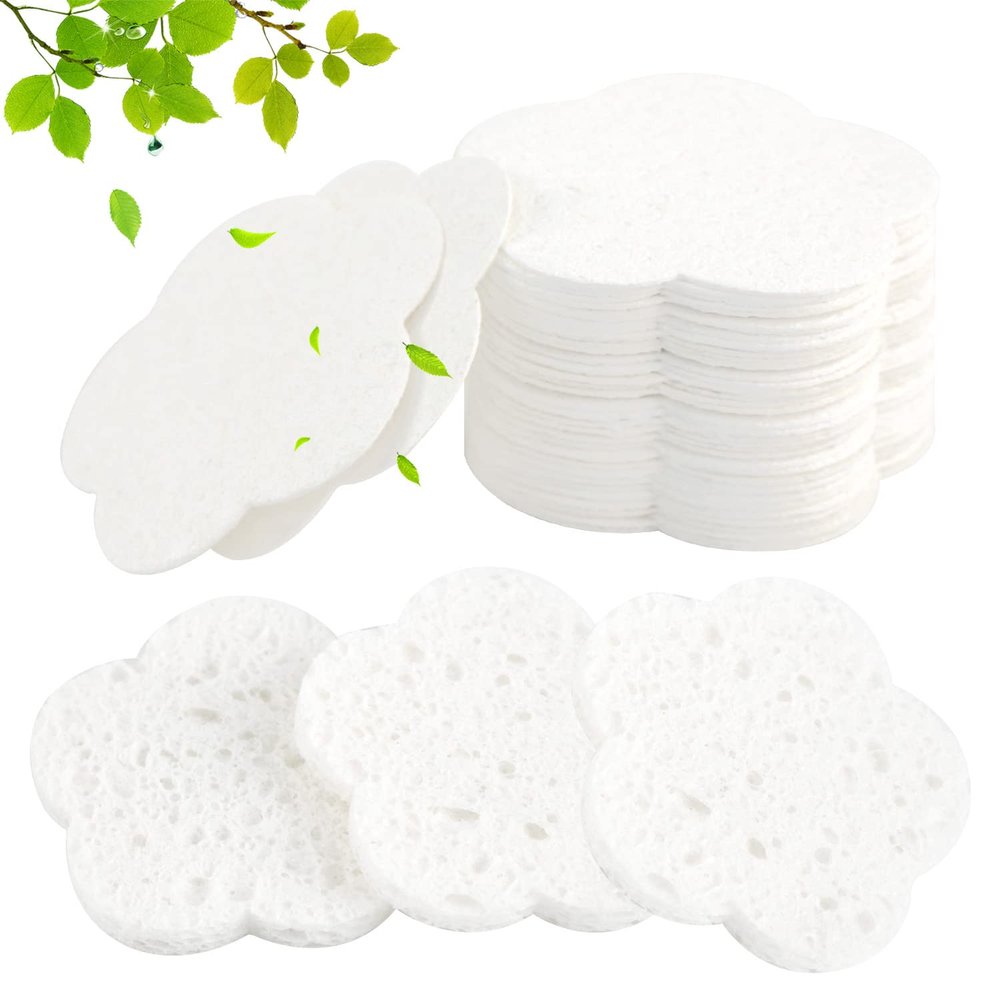 50-Count Facial Sponges Compressed Facial Sponges Natural Facial Cleansing Sponges Pads Cute Flower Shape Exfoliating Sponges for Cleansing Reusable,Best Makeup Gift, White