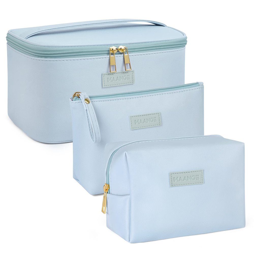 MAANGE Makeup Bag Large Cosmetic Bag with 2pcs Small Makeup Bags Portable Leather Travel Makeup Bag Set Toiletry Bag Make Up Bags for Women and Girls (Blue)