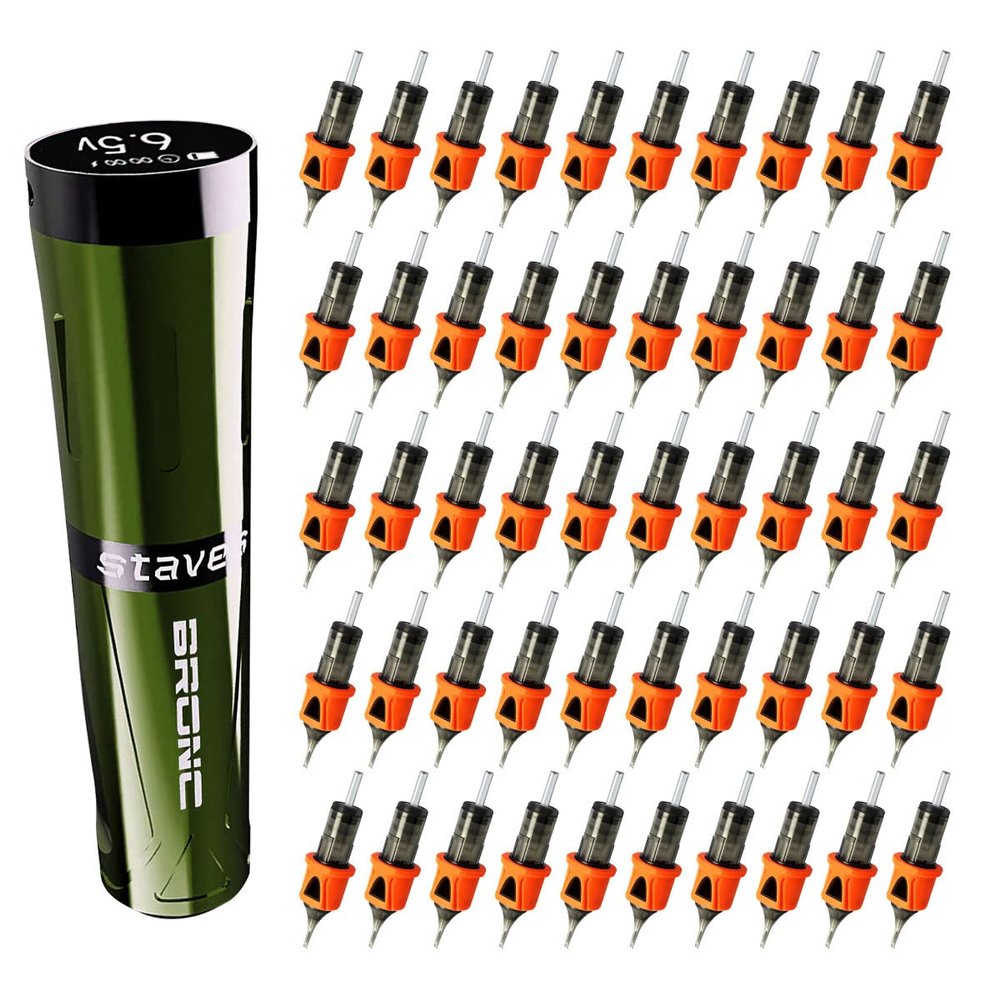 BRONC Green Staves Tattoo Rotary Pen & 50PCs #12 RM BIGWASP Assorted Cartridge Needles Bundle