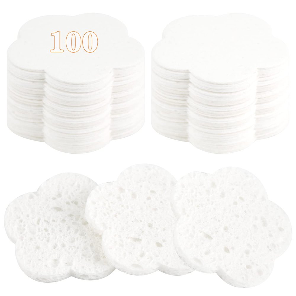 100-Count Facial Sponges Compressed Facial Sponges Natural Facial Cleansing Sponges Pads Cute Flower Shape Exfoliating Sponges for Cleansing Reusable,Best Makeup Gift, White