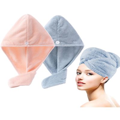 Lumimi Bath Pre Dry Hair Towel 2 Pack - Quick Dry Super Absorbent Lightweight Turban With Button - Drying Wrap for Shower Wellness, Pink Blue