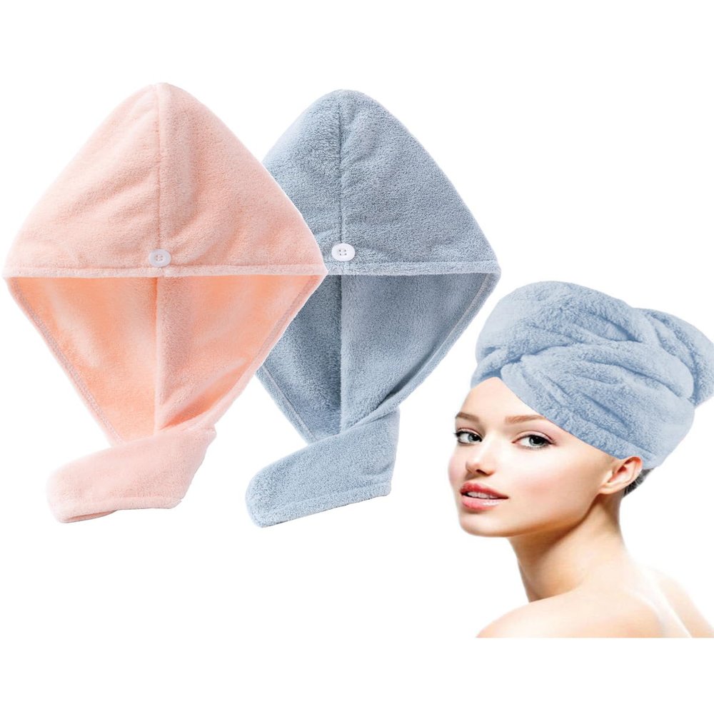 Lumimi Bath Pre Dry Hair Towel 2 Pack - Quick Dry Super Absorbent Lightweight Turban With Button - Drying Wrap for Shower Wellness, Pink Blue
