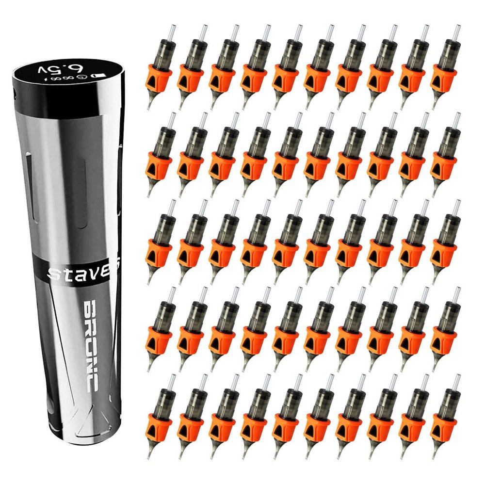 BRONC Grey Staves Tattoo Rotary Pen & 50PCs #10 Bugpin RL BIGWASP Assorted Cartridge Needles Bundle